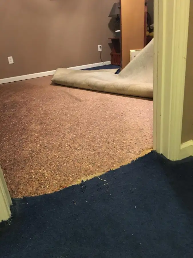 Carpet pad removal revealing water damage during Drying & Dehumidification in Bull Mountain