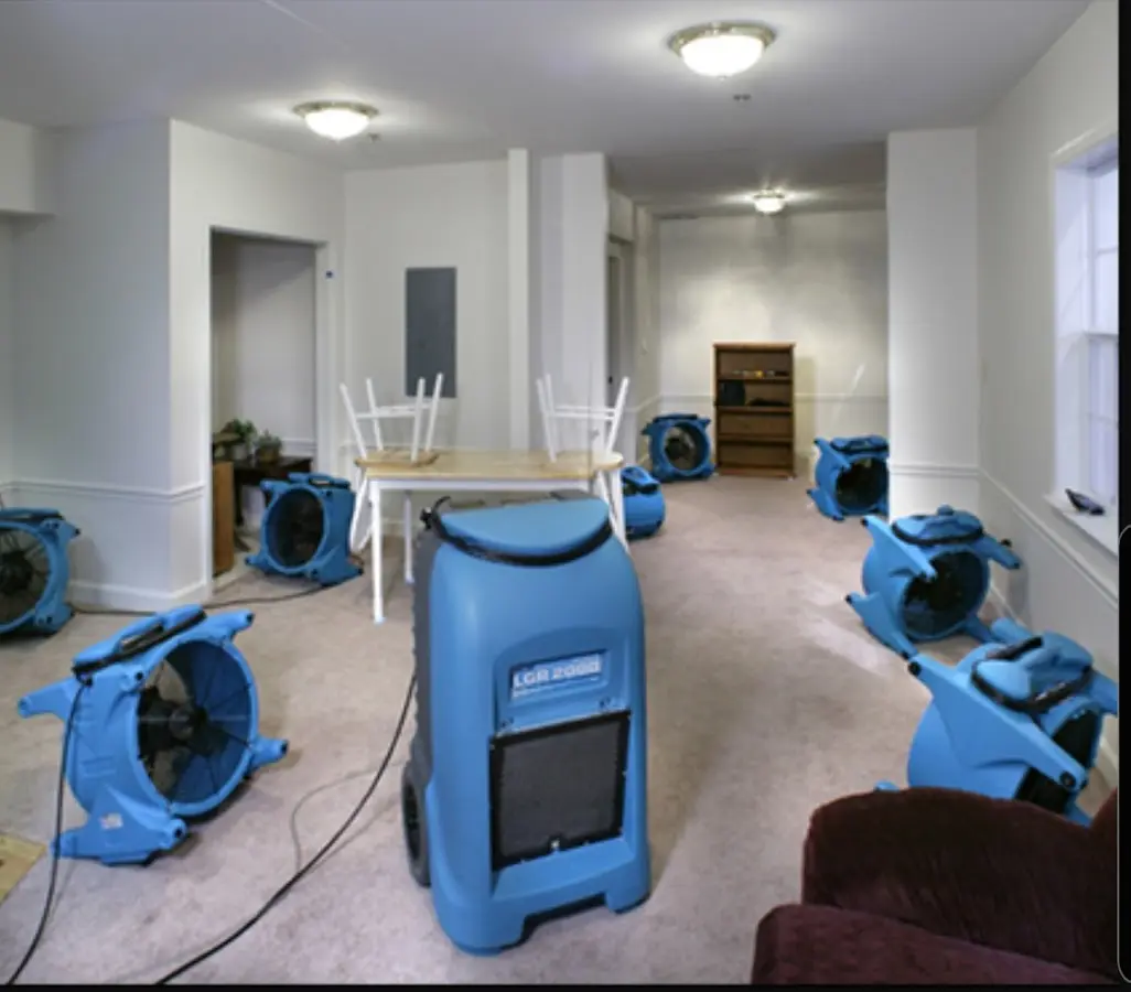 Air movers and dehumidifier setup for Water Damage Restoration in Bull Mountain